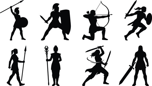 Ancient warrior silhouettes, female fighters, archers, and mage character vector icons set