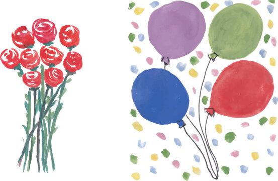 Red roses bouquet and colorful balloons hand drawn watercolour art