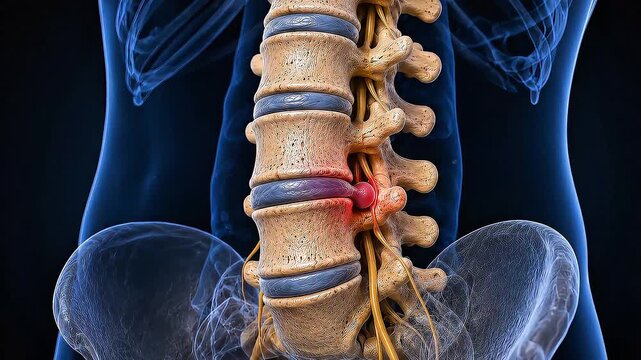 3D human anatomy of spine with glowing red herniated disc illustrating lower back pain, slipped disc, or sciatica with ECG line.