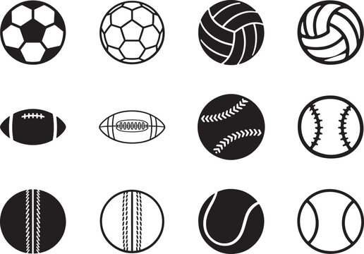 Sports ball icon set featuring soccer, volleyball, American football, baseball, cricket, and tennis in solid silhouette and outline vector styles, isolated on white background, editable EPS and SVG.