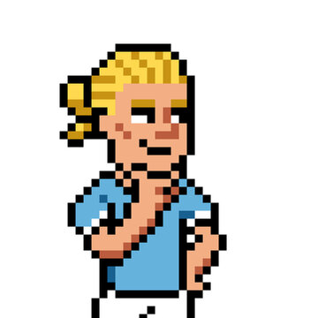 8-Bit Retro Pixel Art Character Blonde Footballer Thinking and Smiling Confidently