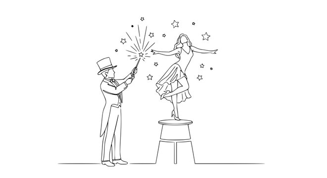 Magician Conjures Dancer with Sparking Wand, Stars and Magic Illusion