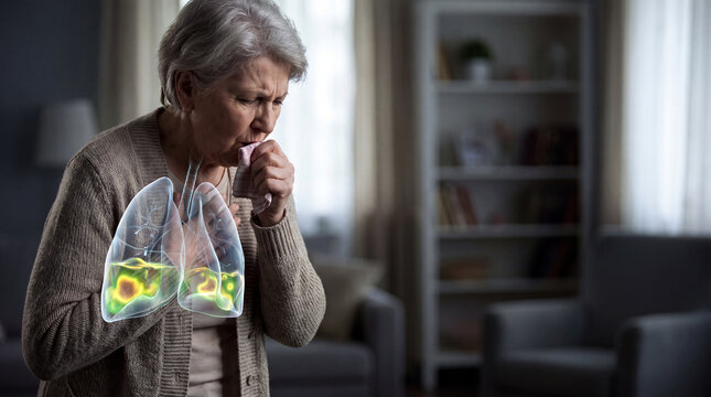 Senior woman coughing with lung pain. Elderly person suffering from respiratory illness.