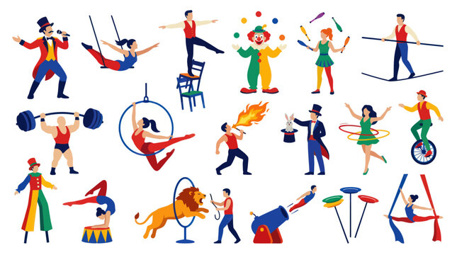 Flat Vector Circus Performance Icons: Acrobats, Clowns, Jugglers, Strongman, Lion, Magician