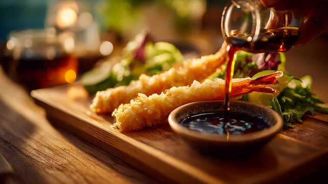 Pouring soy sauce over crispy golden shrimp tempura served on a wooden board with deep fried