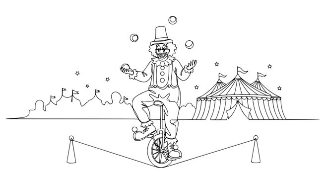Clown Juggling Balls on Unicycle in Front of Circus Tent - Line Art