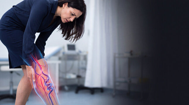 Woman suffering from leg pain. Patient with varicose veins and circulatory system issues.