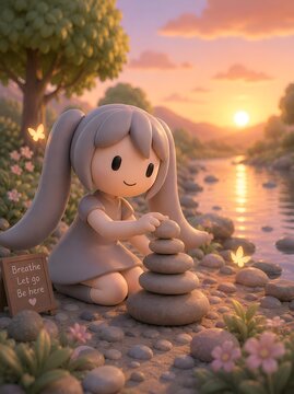 Cute 3D Clay Girl Stacking Zen Stones by a Peaceful River at Sunset