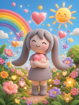 Cute 3D Clay Girl Hugging a Heart in a Colorful Garden of Love and Kindness