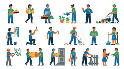 Fototapeta premium Flat Design Vector Icons of People Performing Various Household and Maintenance Services