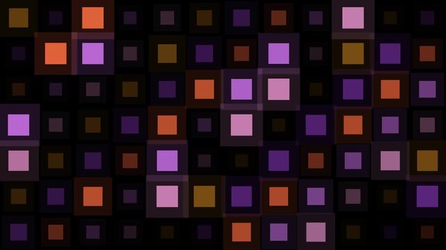 Abstract composition of purple orange and brown squares against a dark background.