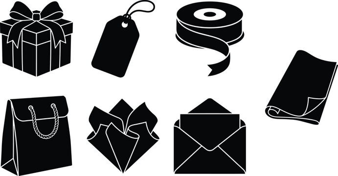 Gift Wrapping and Packaging Silhouette Vector Set with Boxes, Bags, Tags, and Ribbons
