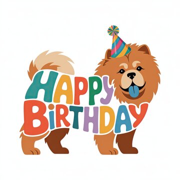 Chow Chow Dog Birthday Bash: Colorful Cartoon Animal with Party Hat and Happy Message