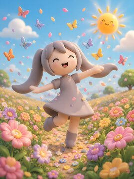 Cute 3D Clay Girl Dancing Joyfully in a Sunny Flower Field with Butterflies