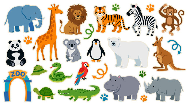 Set of wild animals and zoo entrance sign, wildlife creatures for children, jungle safari species illustration, fun nursery decor elements