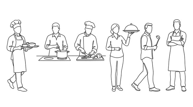 Set of kitchen staff line drawing icons, professional chefs and waiters in action, restaurant industry, culinary service, monochrome sketch, vector