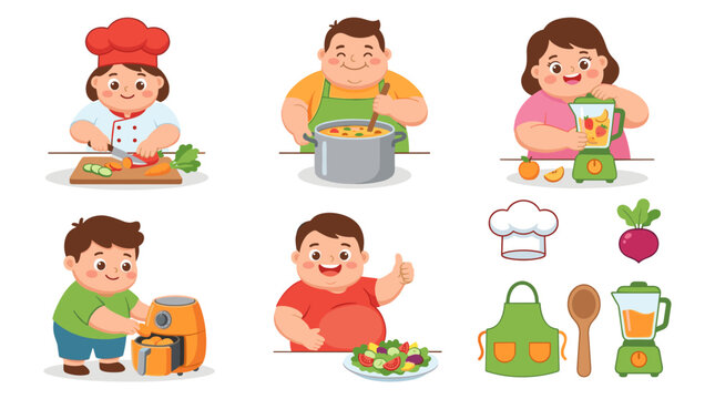 Set of overweight people cooking healthy food, using kitchen appliances, chef preparation, culinary hobby, nutrition, lifestyle, home meals, dieting