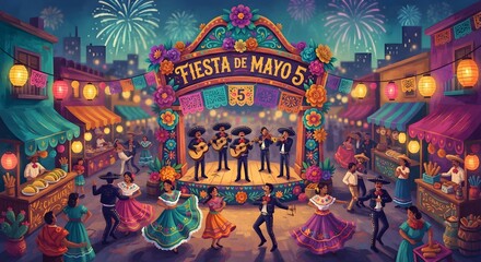 Fototapeta premium Cinco de Mayo Street Festival Mariachi Band Night Celebration 