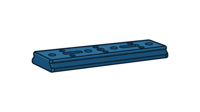 Close-up on a dark blue anodized aluminum camera rail clamp with multiple mounting holes against a white background, industrial equipment