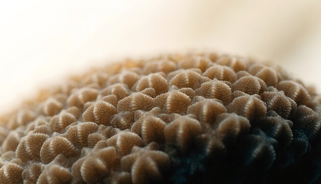 Star coral surface macro shot, small star-shaped polyps in tight pattern, muted brown-gold tone
