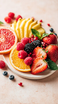 A vibrant assortment of fresh fruits including strawberries, raspberries, blackberries, orange slices, pineapple, and grapefruit arranged on a wooden plate.