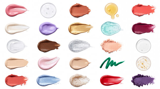 Cosmetic texture set with lipstick smears cream lotion swatches foundation stroke makeup gel drops on white background.