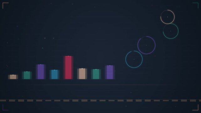 Dark background featuring colorful rectangular blocks and floating circles arranged in an abstract composition.
