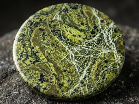 Polished Round Green Serpentine Jasper Mineral Cabochon Macro Close Up