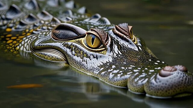Close-up of a Nile Crocodile's head, its yellow eyes glinting as it emerges from murky water with a textured, scaly hide and patterned scales