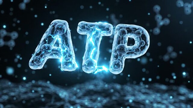 Glowing ATP Molecule Text Rendered in Digital Cellular Space. 4K Video