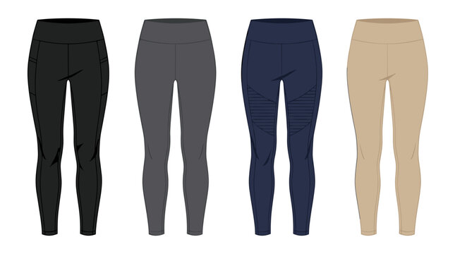 Set of four legging pants in black, grey, dark blue and beige colors, vector apparel templates for fashion design, sportswear and fitness apparel