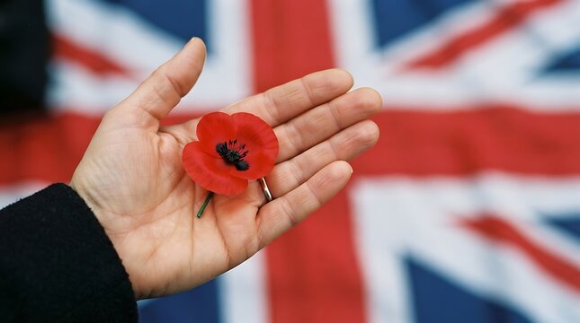A hand holding a red remembrance poppy flower with a blurred british union jack flag in the background