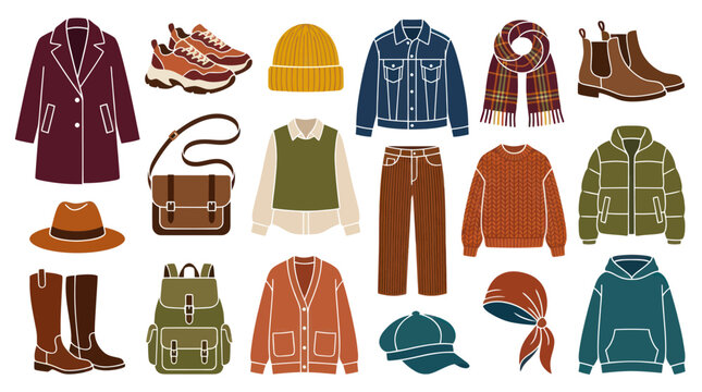 Flat Style Collection of Autumn Winter Clothing and Accessories Vector