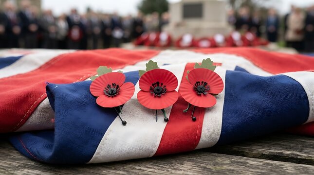 Red poppy flowers placed on a folded british union jack flag during a solemn military remembrance ceremony