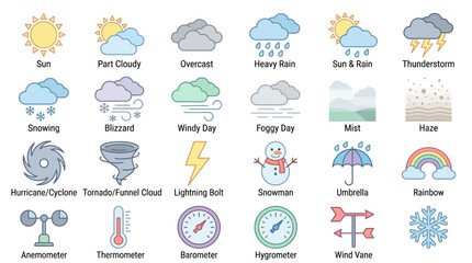 Obraz premium Set Of Colorful Weather Icons On A White Background