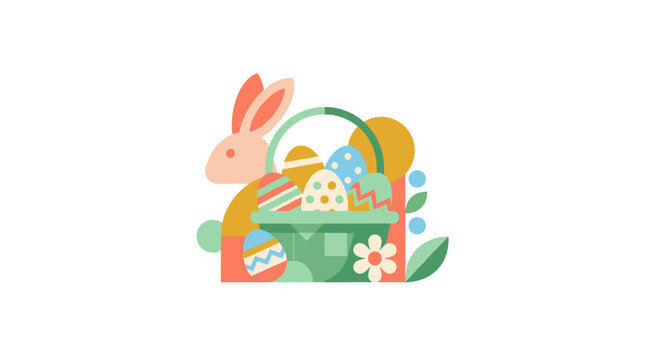 Minimalist flat vector illustration featuring a stylized Easter bunny and a green basket filled with colorful patterned eggs, including floral and leaf accents on a solid white background.