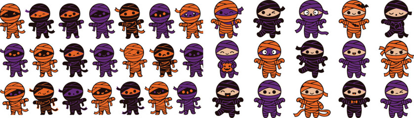 Fototapeta premium Collection of cute cartoon characters in various costumes for a fun halloween celebration and festive holiday party design elements
