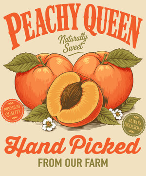 Vintage peach fruit label design with peachy queen text Vector Illustration
