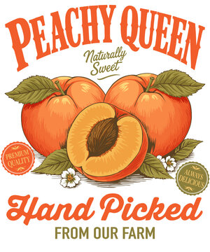 Vintage peach fruit label graphic with peachy queen text isolated on transparent background