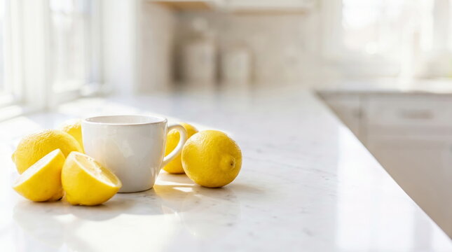 Fresh lemons surrounding white ceramic mug on marble kitchen counter, morning wellness concept