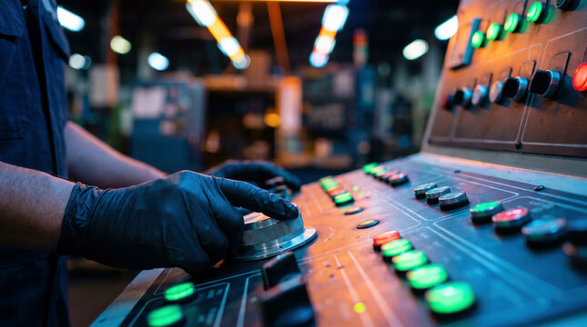 Worker operating control panel with buttons in industrial factory, manufacturing automation concept
