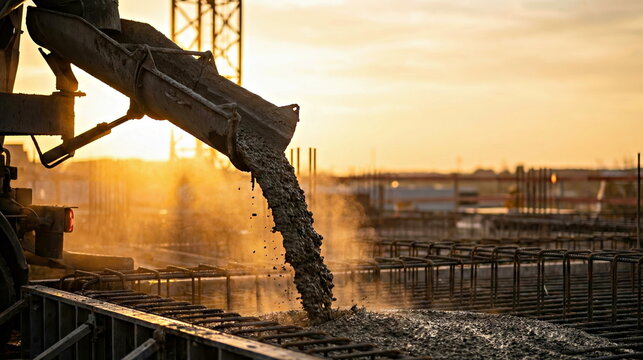 Concrete pouring from mixer truck chute at construction site during sunset, building foundation concept