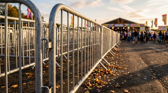 Metal crowd control barricade setup outdoors at music festival entrance, event security and safety concept
