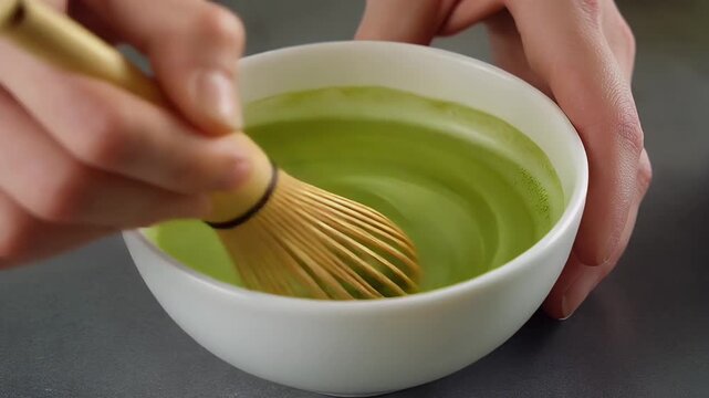 Person whisking traditional green matcha tea powder with hot water in a white ceramic bowl using bamboo chasen whisk