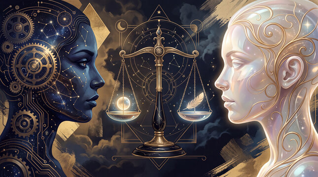 A conceptual artistic illustration showing two opposing faces&mdash;one mechanical and cosmic, one ethereal&mdash;balancing a scale with a sphere and a feather.