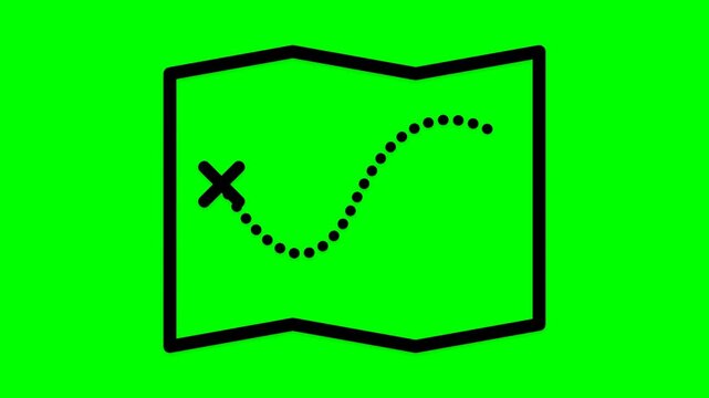 Animated map with a dotted line and an X mark on a green background.