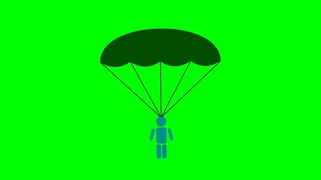 Simple Blue Robot Parachuting Down on Green Screen Background.