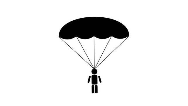 Simple Black Icon of a Person Parachuting Down.