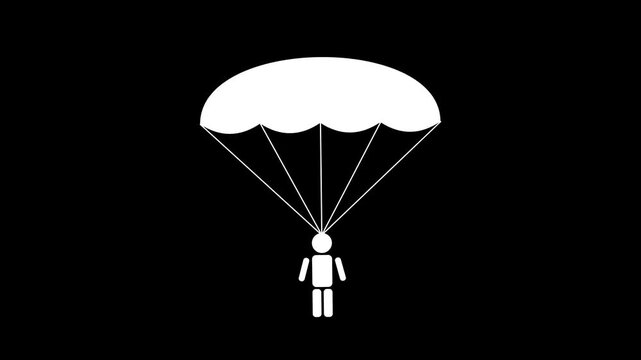 Simple White Parachutist Icon Descending Against Black Background.