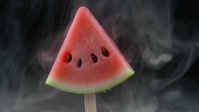 A refreshing slice of watermelon shaped like a frozen popsicle surrounded by swirling white smoke against a dark background